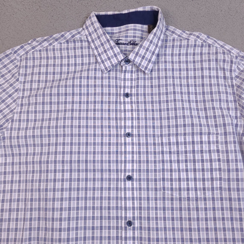Tasso Elba Shirt Mens XXL Blue‎ White Plaid Long Sleeve Button Down Textured